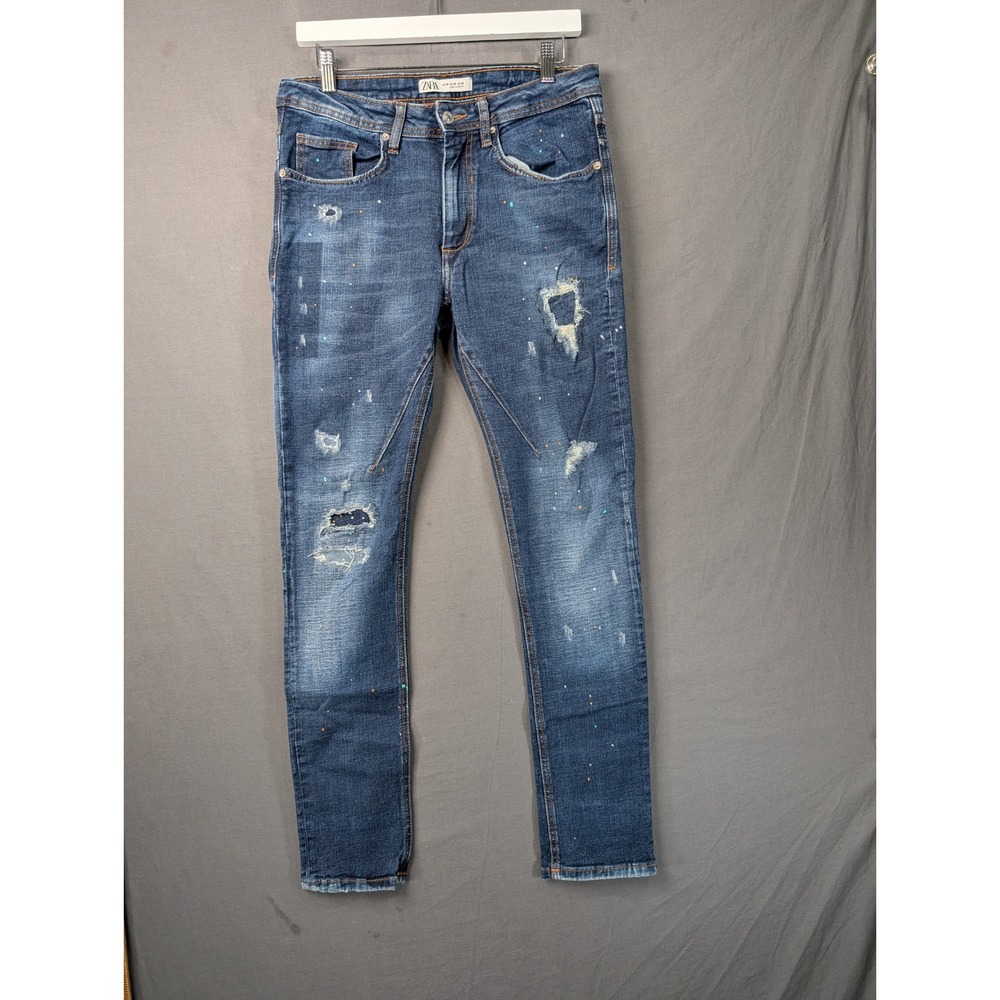 Zara Man Denim Co Paint Splatter Distressed Skinny Jeans Blue 30